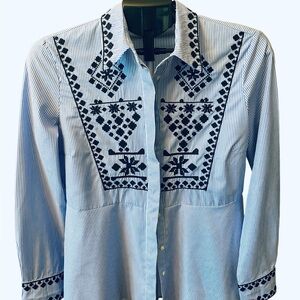 Zara Woman Blue and Black Embroidered Button Down Shirt